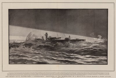 Las recientes maniobras navales, un torpedero descubierto por el reflector de un buque de guerra mientras realizaba un ataque nocturno de Joseph Nash